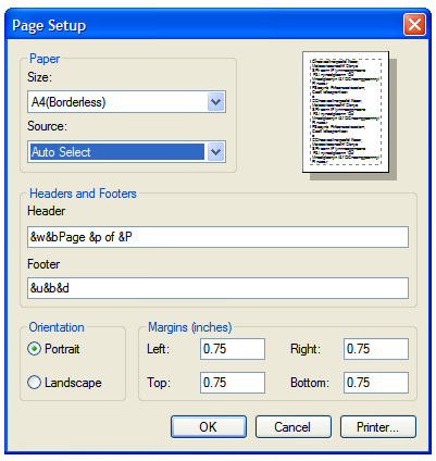IE 7 Print settings screen