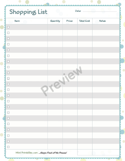 Printable Shopping List With Budget Planner