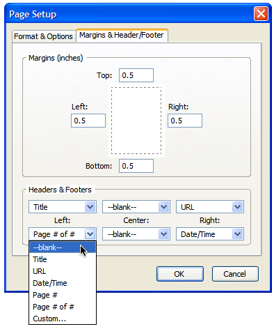 Firefox print options setup tab