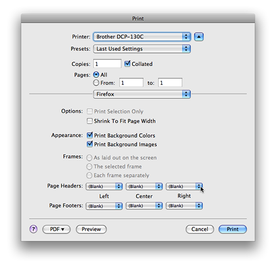 Firefox 2 Print Options dialogue box