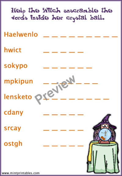 Childrens Halloween Word Scramble - Preview